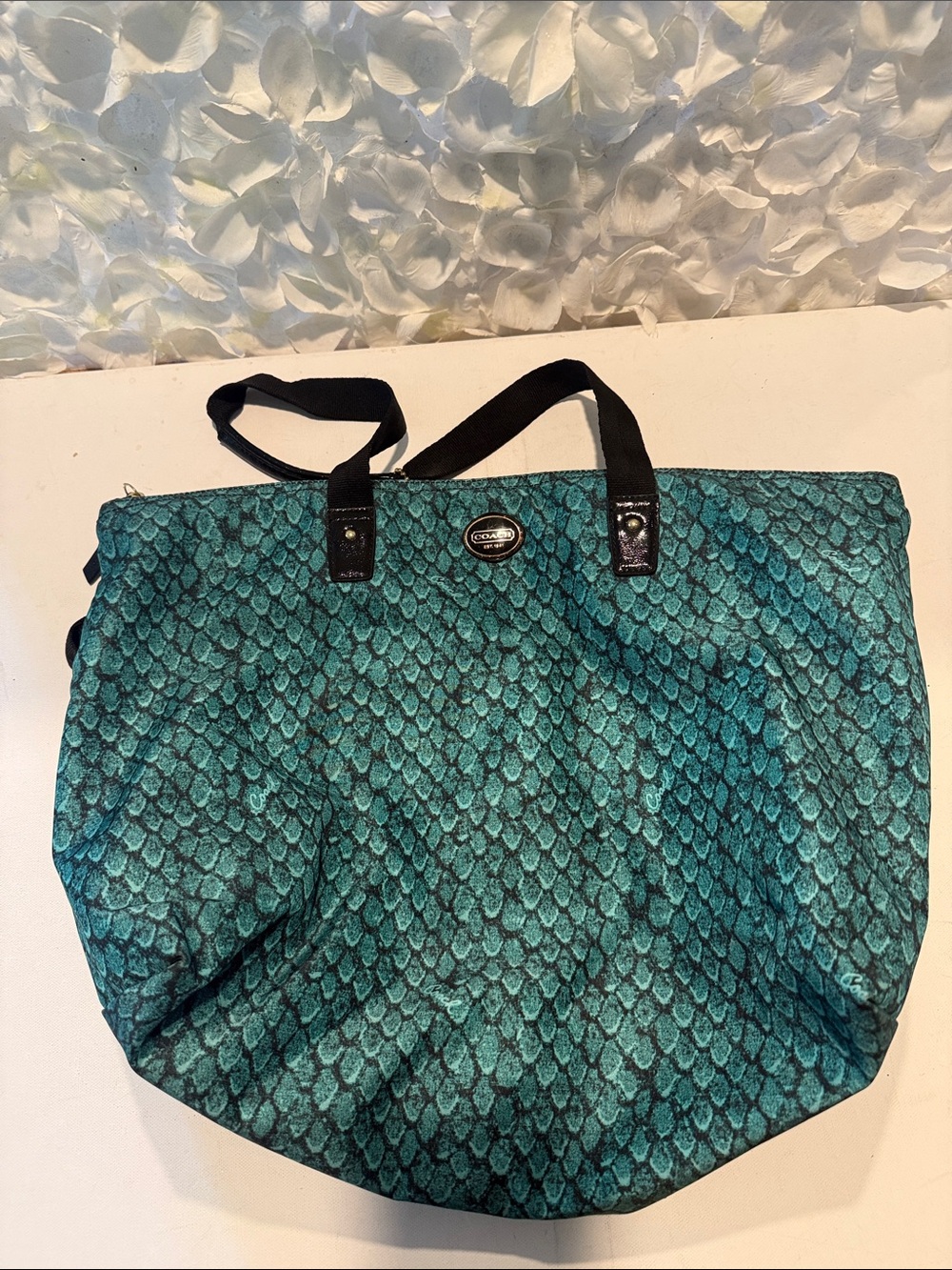 Coach Teal Patterned Tote with Black Straps